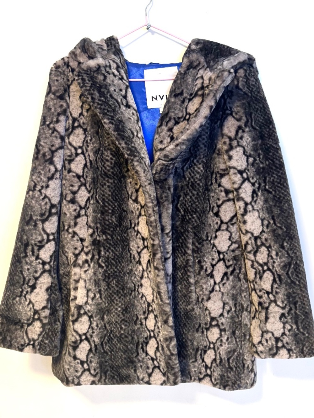 NVLT Faux Fur Hooded Pea Coat Jacket Black Grey Python Snake Print Womens Medium